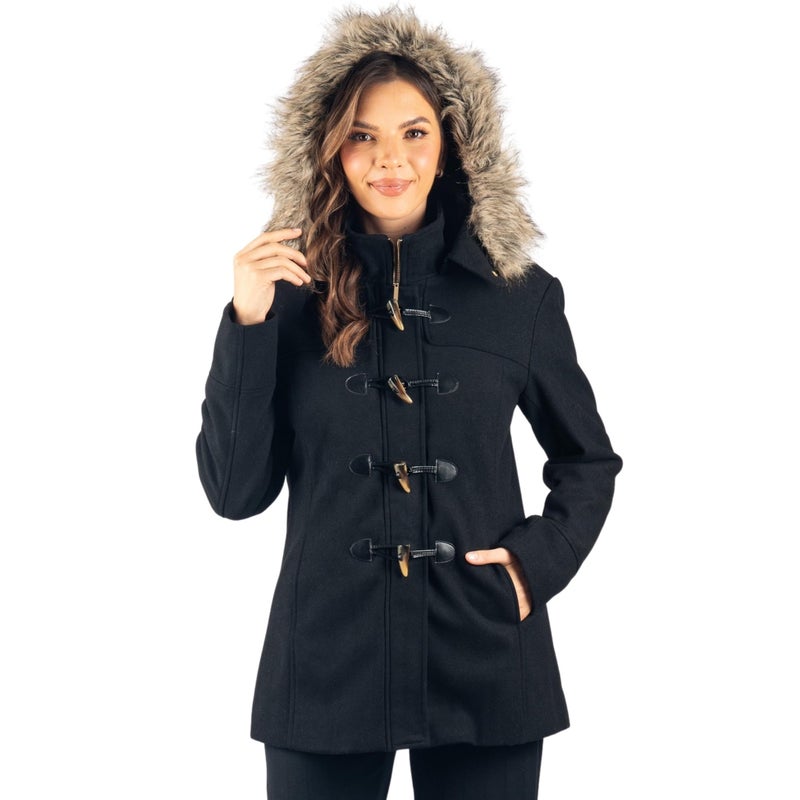 Alpine Swiss Duffy Womens Wool Blend Toggle Coat Removable Faux Fur Hood Classic Duffle Overcoat Warm Winter Jacket BLK L - Image 1